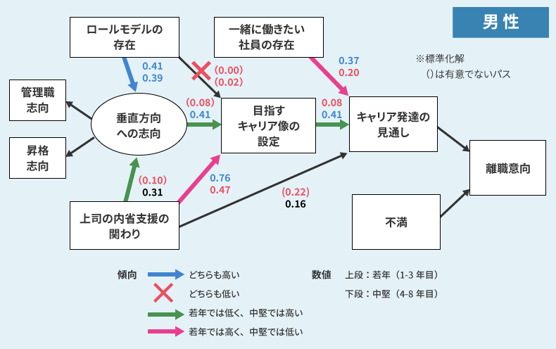 因果モデルで見た性別×入社年次別による多母集団同時分析（男性）