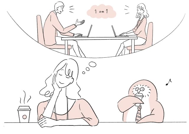 1on1の様子を想像している北山さんとフクロウ先輩